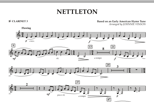 Learn to play Johnnie Vinson Nettleton - Bb Clarinet 3 sheet music for Concert Band in minutes. Johnnie Vinson Nettleton - Bb Clarinet 3 sheet music preview music notes and score for Concert Band including 1 page(s)