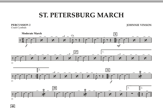 Learn to play Johnnie Vinson St. Petersburg March - Percussion 2 sheet music for Concert Band in minutes. Johnnie Vinson St. Petersburg March - Percussion 2 sheet music preview music notes and score for Concert Band including 1 page(s)