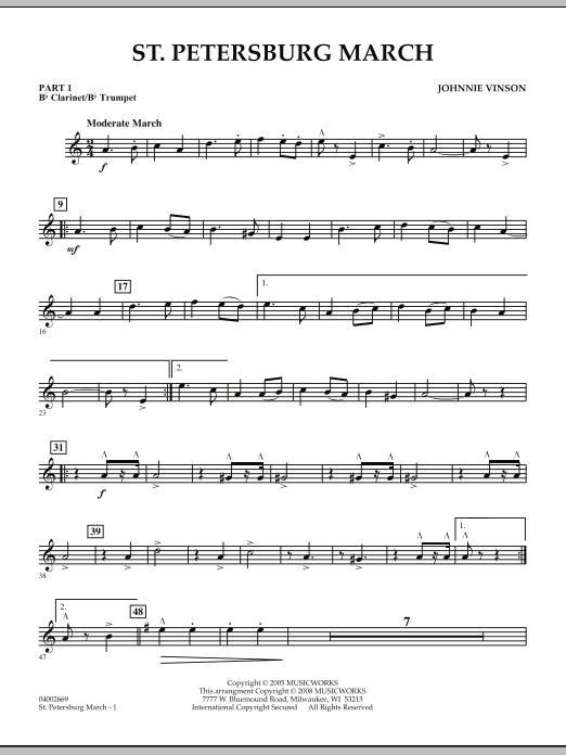 Learn to play Johnnie Vinson St. Petersburg March - Pt.1 - Bb Clarinet/Bb Trumpet sheet music for Concert Band in minutes. Johnnie Vinson St. Petersburg March - Pt.1 - Bb Clarinet/Bb Trumpet sheet music preview music notes and score for Concert Band including 2 page(s)