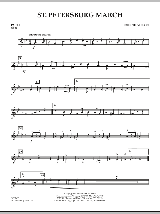 Learn to play Johnnie Vinson St. Petersburg March - Pt.1 - Oboe sheet music for Concert Band in minutes. Johnnie Vinson St. Petersburg March - Pt.1 - Oboe sheet music preview music notes and score for Concert Band including 2 page(s)