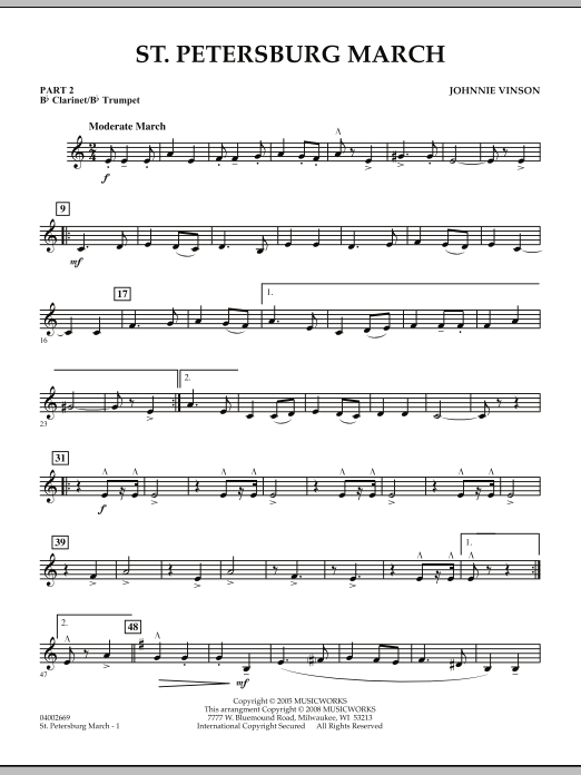 Learn to play Johnnie Vinson St. Petersburg March - Pt.2 - Bb Clarinet/Bb Trumpet sheet music for Concert Band in minutes. Johnnie Vinson St. Petersburg March - Pt.2 - Bb Clarinet/Bb Trumpet sheet music preview music notes and score for Concert Band including 2 page(s)