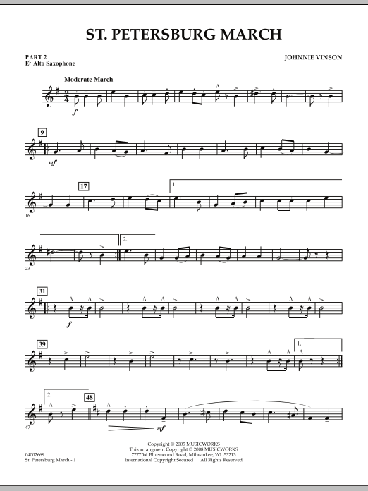 Learn to play Johnnie Vinson St. Petersburg March - Pt.2 - Eb Alto Saxophone sheet music for Concert Band in minutes. Johnnie Vinson St. Petersburg March - Pt.2 - Eb Alto Saxophone sheet music preview music notes and score for Concert Band including 2 page(s)