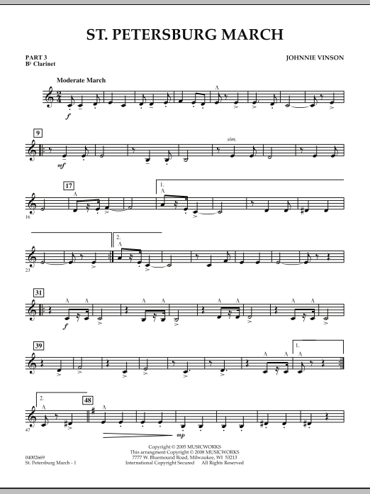Learn to play Johnnie Vinson St. Petersburg March - Pt.3 - Bb Clarinet sheet music for Concert Band in minutes. Johnnie Vinson St. Petersburg March - Pt.3 - Bb Clarinet sheet music preview music notes and score for Concert Band including 2 page(s)