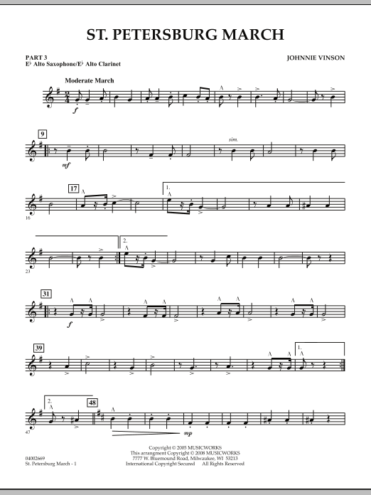 Learn to play Johnnie Vinson St. Petersburg March - Pt.3 - Eb Alto Sax/Alto Clar. sheet music for Concert Band in minutes. Johnnie Vinson St. Petersburg March - Pt.3 - Eb Alto Sax/Alto Clar. sheet music preview music notes and score for Concert Band including 2 page(s)