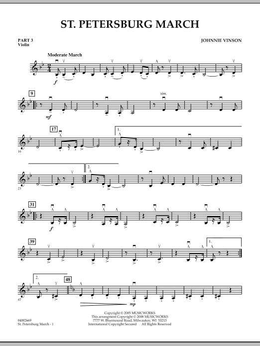 Learn to play Johnnie Vinson St. Petersburg March - Pt.3 - Violin sheet music for Concert Band in minutes. Johnnie Vinson St. Petersburg March - Pt.3 - Violin sheet music preview music notes and score for Concert Band including 2 page(s)