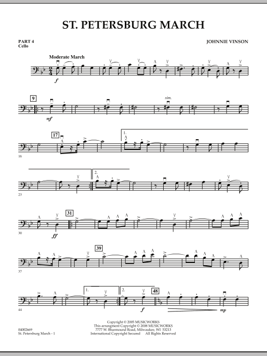 Learn to play Johnnie Vinson St. Petersburg March - Pt.4 - Cello sheet music for Concert Band in minutes. Johnnie Vinson St. Petersburg March - Pt.4 - Cello sheet music preview music notes and score for Concert Band including 2 page(s)