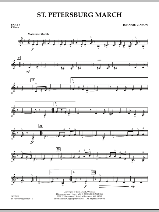 Learn to play Johnnie Vinson St. Petersburg March - Pt.4 - F Horn sheet music for Concert Band in minutes. Johnnie Vinson St. Petersburg March - Pt.4 - F Horn sheet music preview music notes and score for Concert Band including 2 page(s)