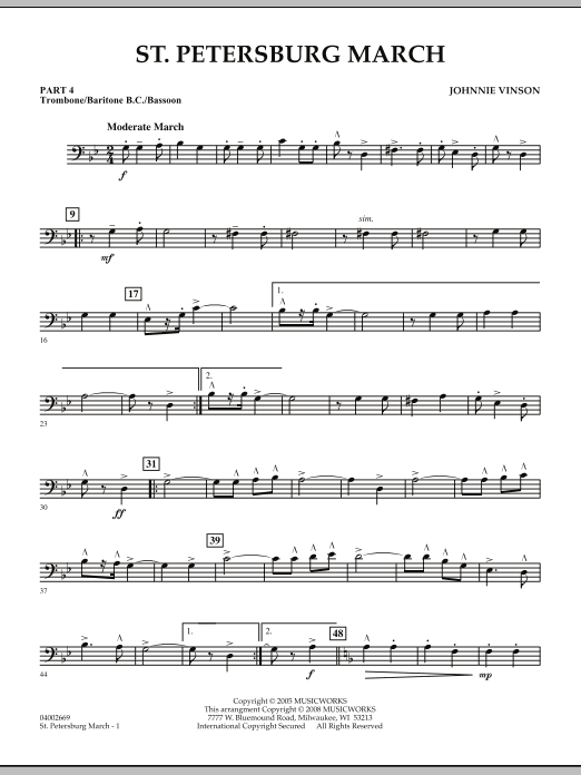 Learn to play Johnnie Vinson St. Petersburg March - Pt.4 - Trombone/Bar. B.C./Bsn. sheet music for Concert Band in minutes. Johnnie Vinson St. Petersburg March - Pt.4 - Trombone/Bar. B.C./Bsn. sheet music preview music notes and score for Concert Band including 2 page(s)