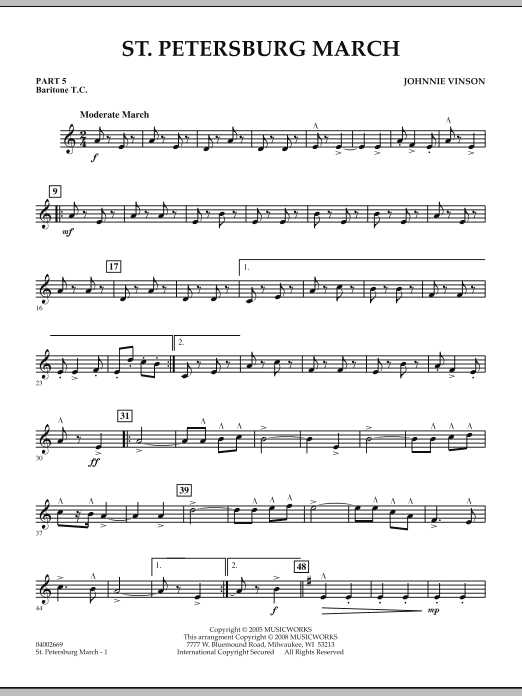 Learn to play Johnnie Vinson St. Petersburg March - Pt.5 - Baritone T.C. sheet music for Concert Band in minutes. Johnnie Vinson St. Petersburg March - Pt.5 - Baritone T.C. sheet music preview music notes and score for Concert Band including 2 page(s)
