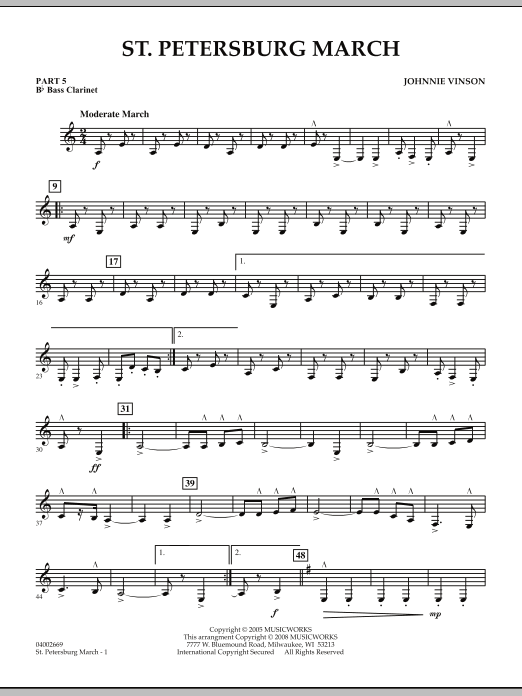 Learn to play Johnnie Vinson St. Petersburg March - Pt.5 - Bb Bass Clarinet sheet music for Concert Band in minutes. Johnnie Vinson St. Petersburg March - Pt.5 - Bb Bass Clarinet sheet music preview music notes and score for Concert Band including 2 page(s)