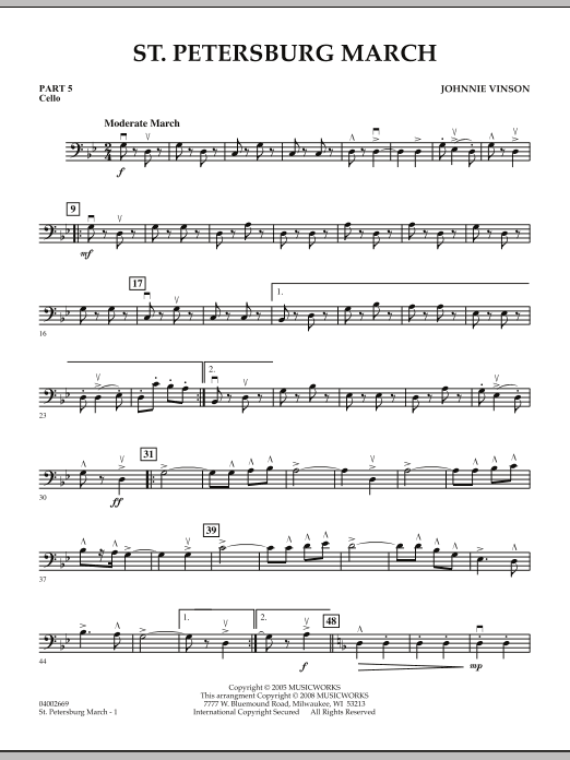 Learn to play Johnnie Vinson St. Petersburg March - Pt.5 - Cello sheet music for Concert Band in minutes. Johnnie Vinson St. Petersburg March - Pt.5 - Cello sheet music preview music notes and score for Concert Band including 2 page(s)