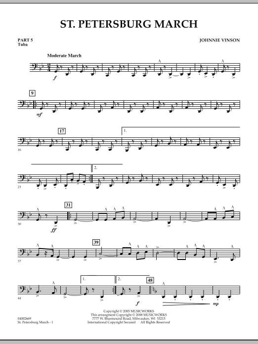 Learn to play Johnnie Vinson St. Petersburg March - Pt.5 - Tuba sheet music for Concert Band in minutes. Johnnie Vinson St. Petersburg March - Pt.5 - Tuba sheet music preview music notes and score for Concert Band including 2 page(s)