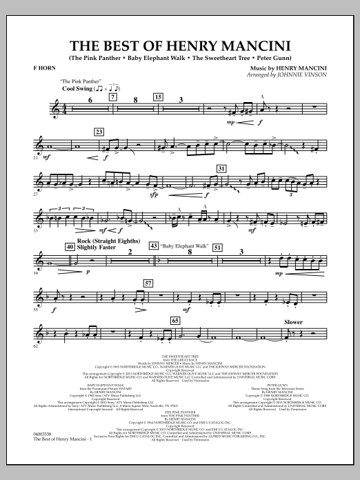 Learn to play Johnnie Vinson The Best of Henry Mancini - F Horn sheet music for Concert Band in minutes. Johnnie Vinson The Best of Henry Mancini - F Horn sheet music notes and chords