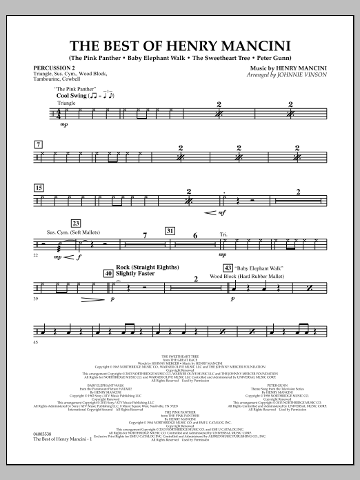 Learn to play Johnnie Vinson The Best of Henry Mancini - Percussion 2 sheet music for Concert Band in minutes. Johnnie Vinson The Best of Henry Mancini - Percussion 2 sheet music notes and chords