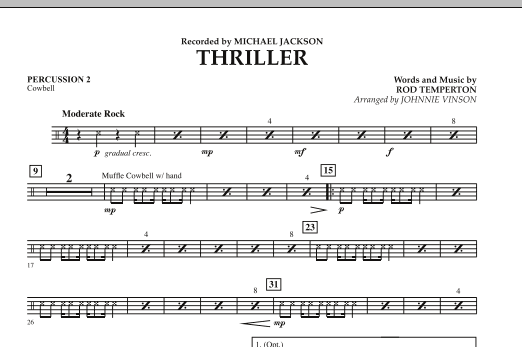 Learn to play Johnnie Vinson Thriller - Percussion 2 sheet music for Concert Band in minutes. Johnnie Vinson Thriller - Percussion 2 sheet music preview music notes and score for Concert Band including 1 page(s)