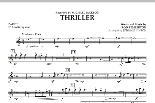 Learn to play Johnnie Vinson Thriller - Pt.2 - Eb Alto Saxophone sheet music for Concert Band in minutes. Johnnie Vinson Thriller - Pt.2 - Eb Alto Saxophone sheet music preview music notes and score for Concert Band including 1 page(s)