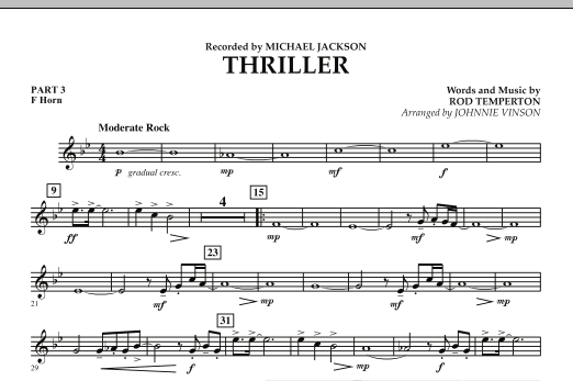 Learn to play Johnnie Vinson Thriller - Pt.3 - F Horn sheet music for Concert Band in minutes. Johnnie Vinson Thriller - Pt.3 - F Horn sheet music preview music notes and score for Concert Band including 1 page(s)