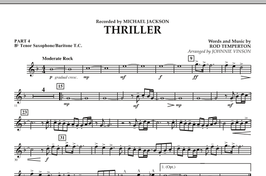 Learn to play Johnnie Vinson Thriller - Pt.4 - Bb Tenor Sax/Bar. T.C. sheet music for Concert Band in minutes. Johnnie Vinson Thriller - Pt.4 - Bb Tenor Sax/Bar. T.C. sheet music preview music notes and score for Concert Band including 1 page(s)