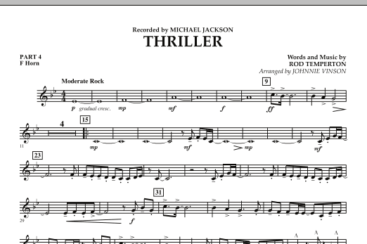 Learn to play Johnnie Vinson Thriller - Pt.4 - F Horn sheet music for Concert Band in minutes. Johnnie Vinson Thriller - Pt.4 - F Horn sheet music preview music notes and score for Concert Band including 1 page(s)