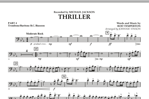 Learn to play Johnnie Vinson Thriller - Pt.4 - Trombone/Bar. B.C./Bsn. sheet music for Concert Band in minutes. Johnnie Vinson Thriller - Pt.4 - Trombone/Bar. B.C./Bsn. sheet music preview music notes and score for Concert Band including 1 page(s)