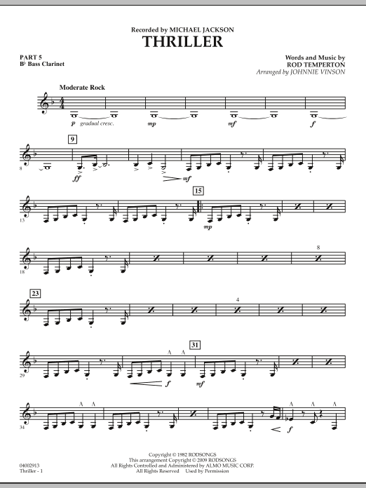 Learn to play Johnnie Vinson Thriller - Pt.5 - Bb Bass Clarinet sheet music for Concert Band in minutes. Johnnie Vinson Thriller - Pt.5 - Bb Bass Clarinet sheet music preview music notes and score for Concert Band including 2 page(s)
