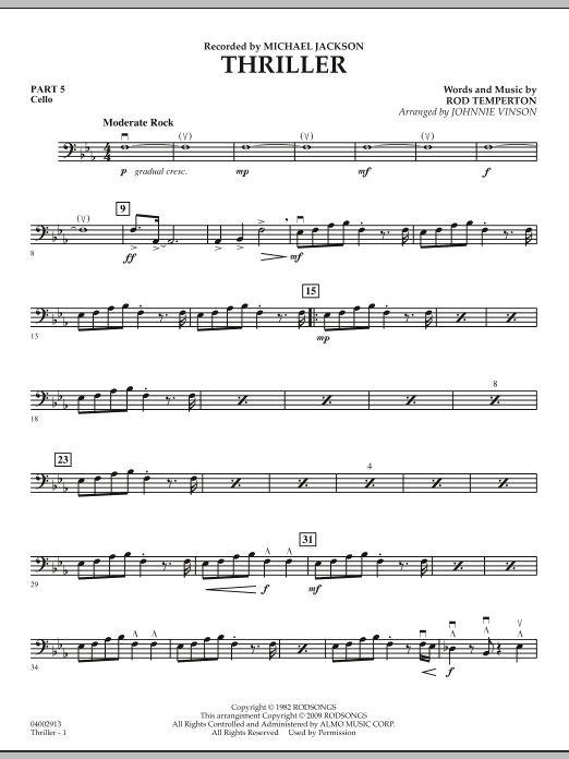 Learn to play Johnnie Vinson Thriller - Pt.5 - Cello sheet music for Concert Band in minutes. Johnnie Vinson Thriller - Pt.5 - Cello sheet music preview music notes and score for Concert Band including 2 page(s)