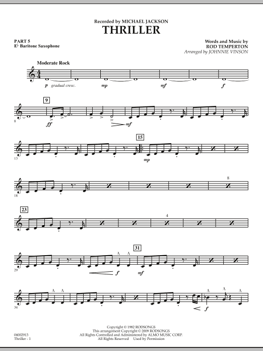 Learn to play Johnnie Vinson Thriller - Pt.5 - Eb Baritone Saxophone sheet music for Concert Band in minutes. Johnnie Vinson Thriller - Pt.5 - Eb Baritone Saxophone sheet music preview music notes and score for Concert Band including 2 page(s)