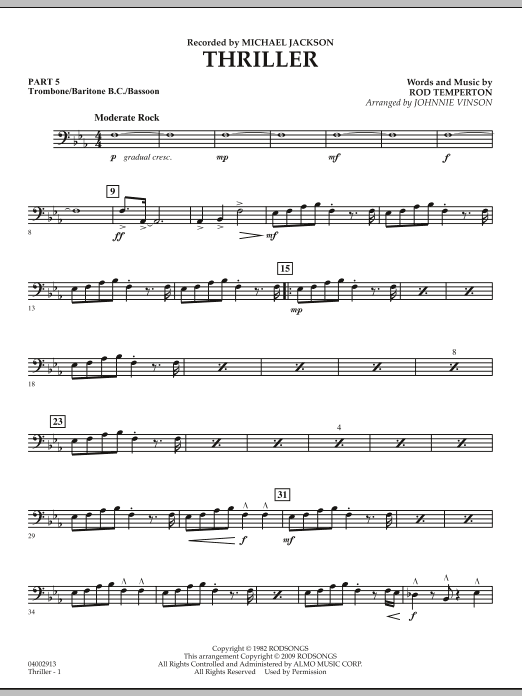 Learn to play Johnnie Vinson Thriller - Pt.5 - Trombone/Bar. B.C./Bsn. sheet music for Concert Band in minutes. Johnnie Vinson Thriller - Pt.5 - Trombone/Bar. B.C./Bsn. sheet music preview music notes and score for Concert Band including 2 page(s)