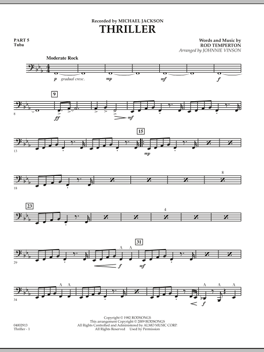 Learn to play Johnnie Vinson Thriller - Pt.5 - Tuba sheet music for Concert Band in minutes. Johnnie Vinson Thriller - Pt.5 - Tuba sheet music preview music notes and score for Concert Band including 2 page(s)