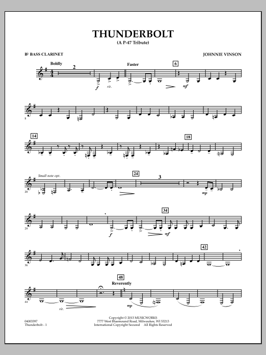 Learn to play Johnnie Vinson Thunderbolt (A P-47 Tribute) - Bb Bass Clarinet sheet music for Concert Band in minutes. Johnnie Vinson Thunderbolt (A P-47 Tribute) - Bb Bass Clarinet sheet music preview music notes and score for Concert Band including 2 page(s)