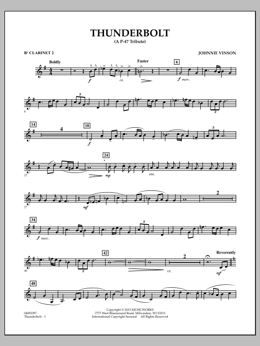 Learn to play Johnnie Vinson Thunderbolt (A P-47 Tribute) - Bb Clarinet 2 sheet music for Concert Band in minutes. Johnnie Vinson Thunderbolt (A P-47 Tribute) - Bb Clarinet 2 sheet music preview music notes and score for Concert Band including 2 page(s)