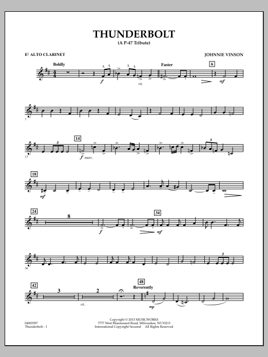 Learn to play Johnnie Vinson Thunderbolt (A P-47 Tribute) - Eb Alto Clarinet sheet music for Concert Band in minutes. Johnnie Vinson Thunderbolt (A P-47 Tribute) - Eb Alto Clarinet sheet music preview music notes and score for Concert Band including 2 page(s)