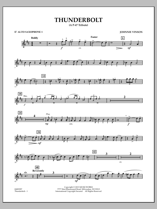 Learn to play Johnnie Vinson Thunderbolt (A P-47 Tribute) - Eb Alto Saxophone 1 sheet music for Concert Band in minutes. Johnnie Vinson Thunderbolt (A P-47 Tribute) - Eb Alto Saxophone 1 sheet music preview music notes and score for Concert Band including 2 page(s)