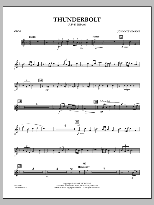 Learn to play Johnnie Vinson Thunderbolt (A P-47 Tribute) - Oboe sheet music for Concert Band in minutes. Johnnie Vinson Thunderbolt (A P-47 Tribute) - Oboe sheet music preview music notes and score for Concert Band including 2 page(s)