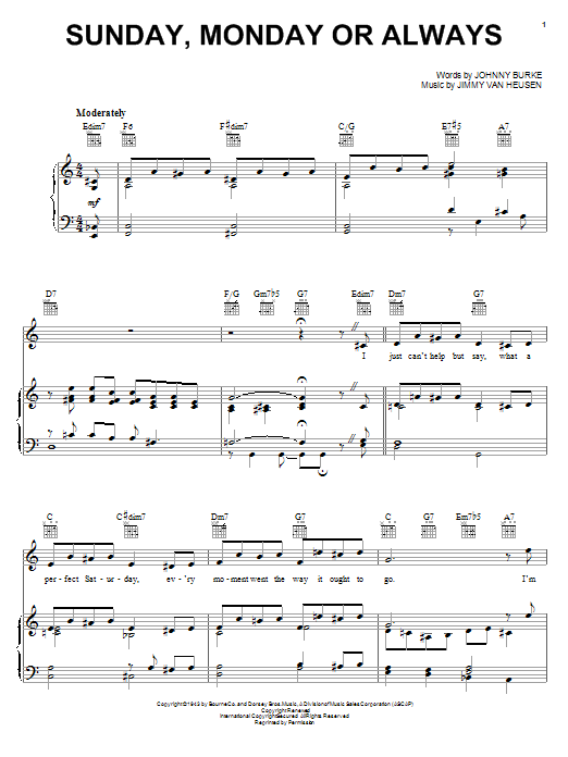 Johnny Burke Sunday, Monday Or Always sheet music, chords, lyrics - Printable PDF for Piano, Vocal & Guitar (Right-Hand Melody)