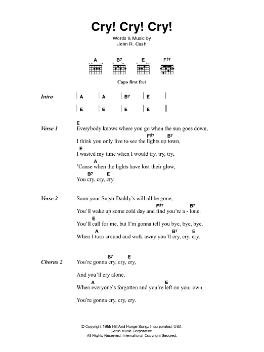 Johnny Cash Cry! Cry! Cry! sheet music, chords, lyrics - Printable PDF for Lyrics & Chords