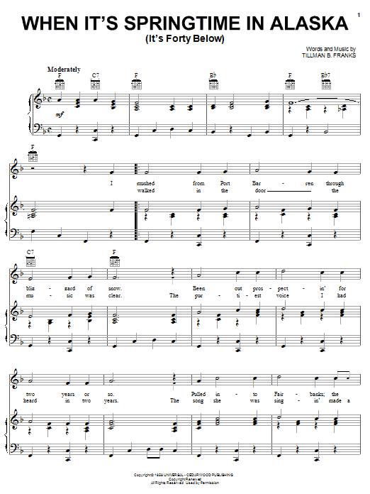 Johnny Horton When It's Springtime In Alaska (It's Forty Below) sheet music, chords, lyrics - Printable PDF for Piano, Vocal & Guitar (Right-Hand Melody)