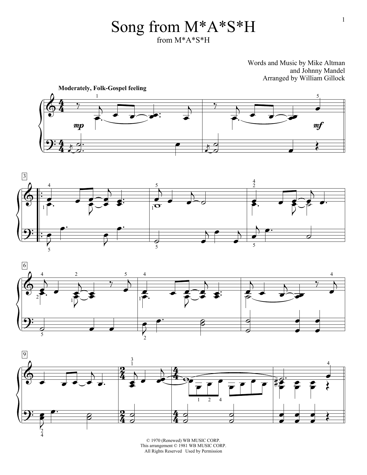 William Gillock Song From M*A*S*H (Suicide Is Painless) sheet music, chords, lyrics - Printable PDF for Educational Piano