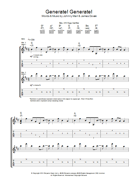Johnny Marr Generate! Generate! sheet music, chords, lyrics - Printable PDF for Guitar Tab