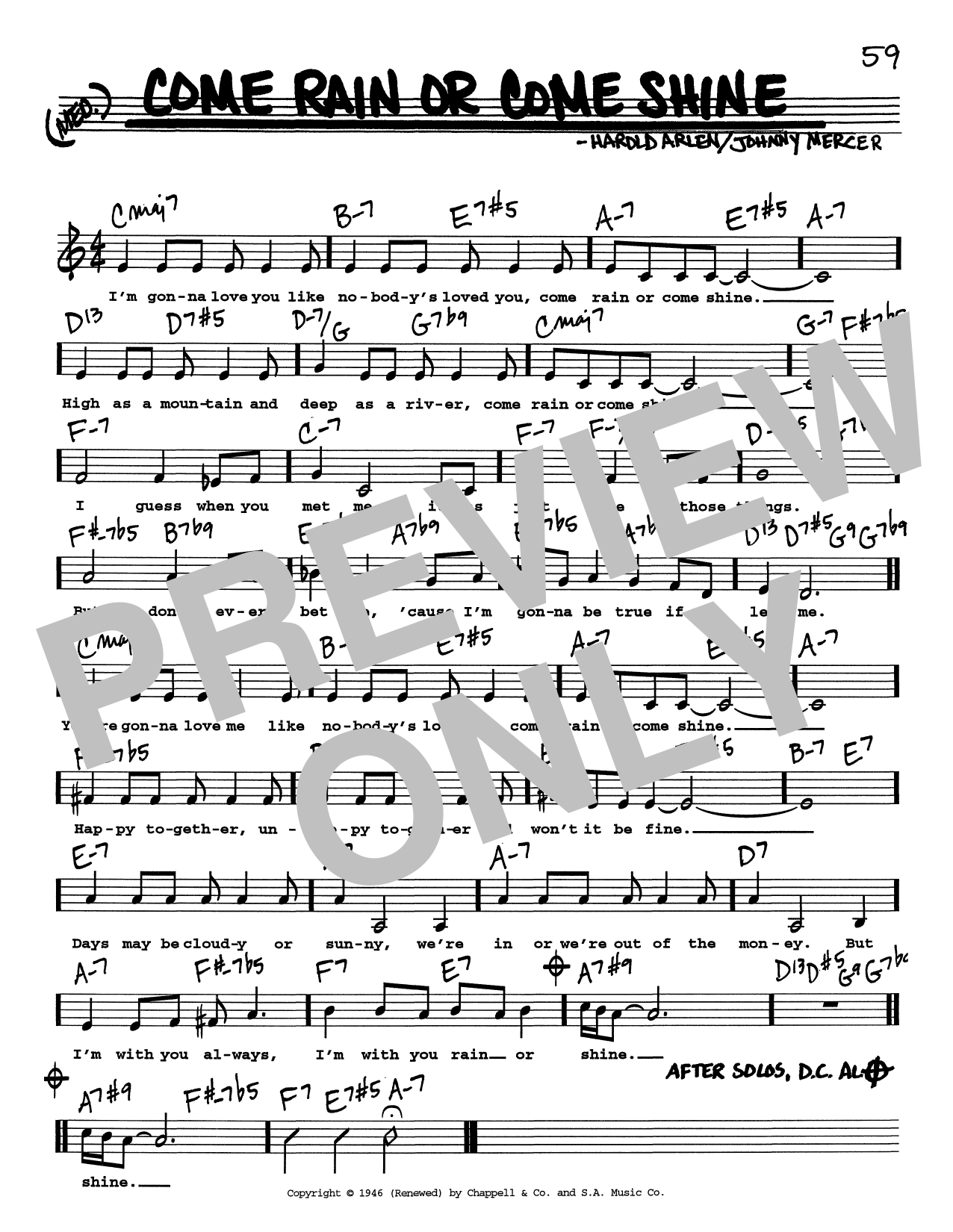 Johnny Mercer & Harold Arlen Come Rain Or Come Shine (Low Voice) sheet music, chords, lyrics - Printable PDF for Real Book – Melody, Lyrics & Chords