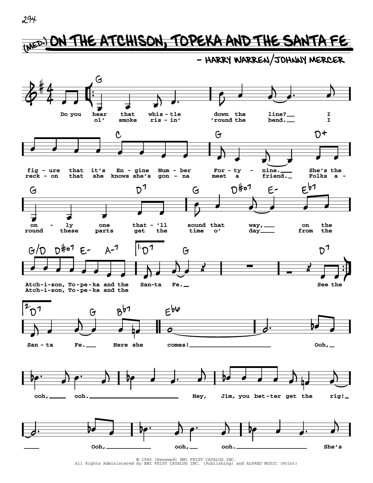 Johnny Mercer & Harry Warren On The Atchison, Topeka And The Santa Fe (Low Voice) sheet music, chords, lyrics - Printable PDF for Real Book – Melody, Lyrics & Chords