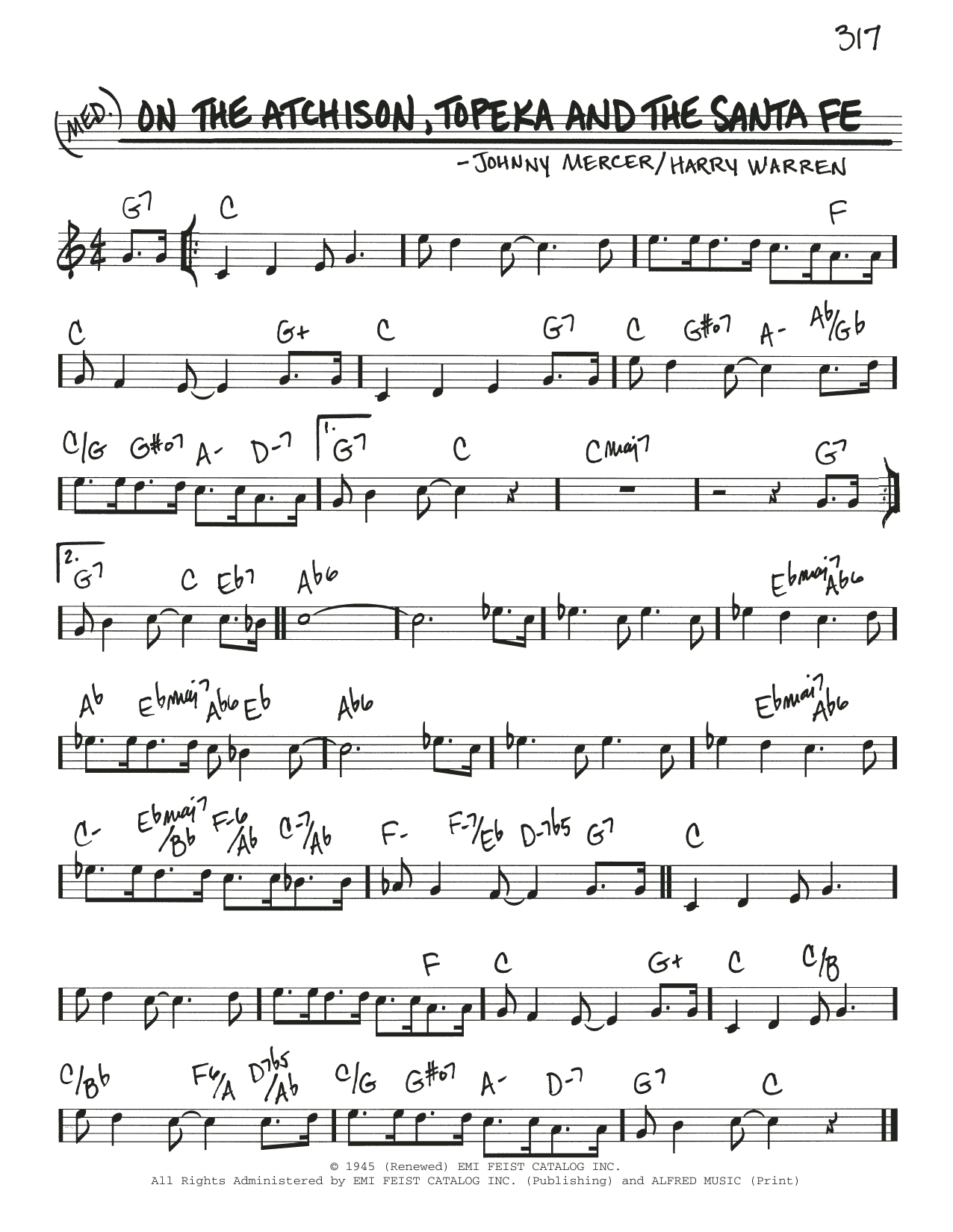 Johnny Mercer & Harry Warren On The Atchison, Topeka And The Santa Fe sheet music, chords, lyrics - Printable PDF for Real Book – Melody & Chords