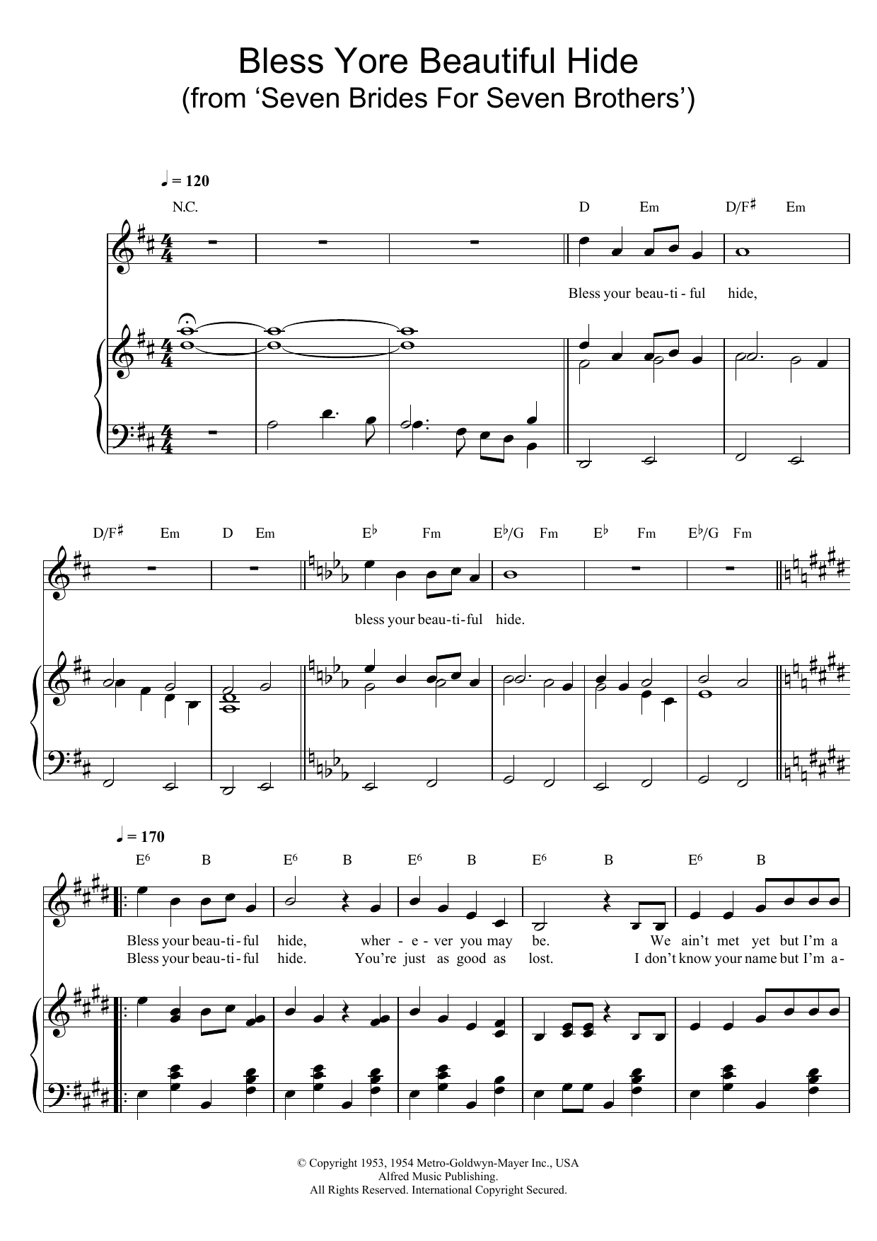 Johnny Mercer Bless Yore Beautiful Hide (from 'Seven Brides For Seven Brothers') sheet music, chords, lyrics - Printable PDF for Piano, Vocal & Guitar (Right-Hand Melody)