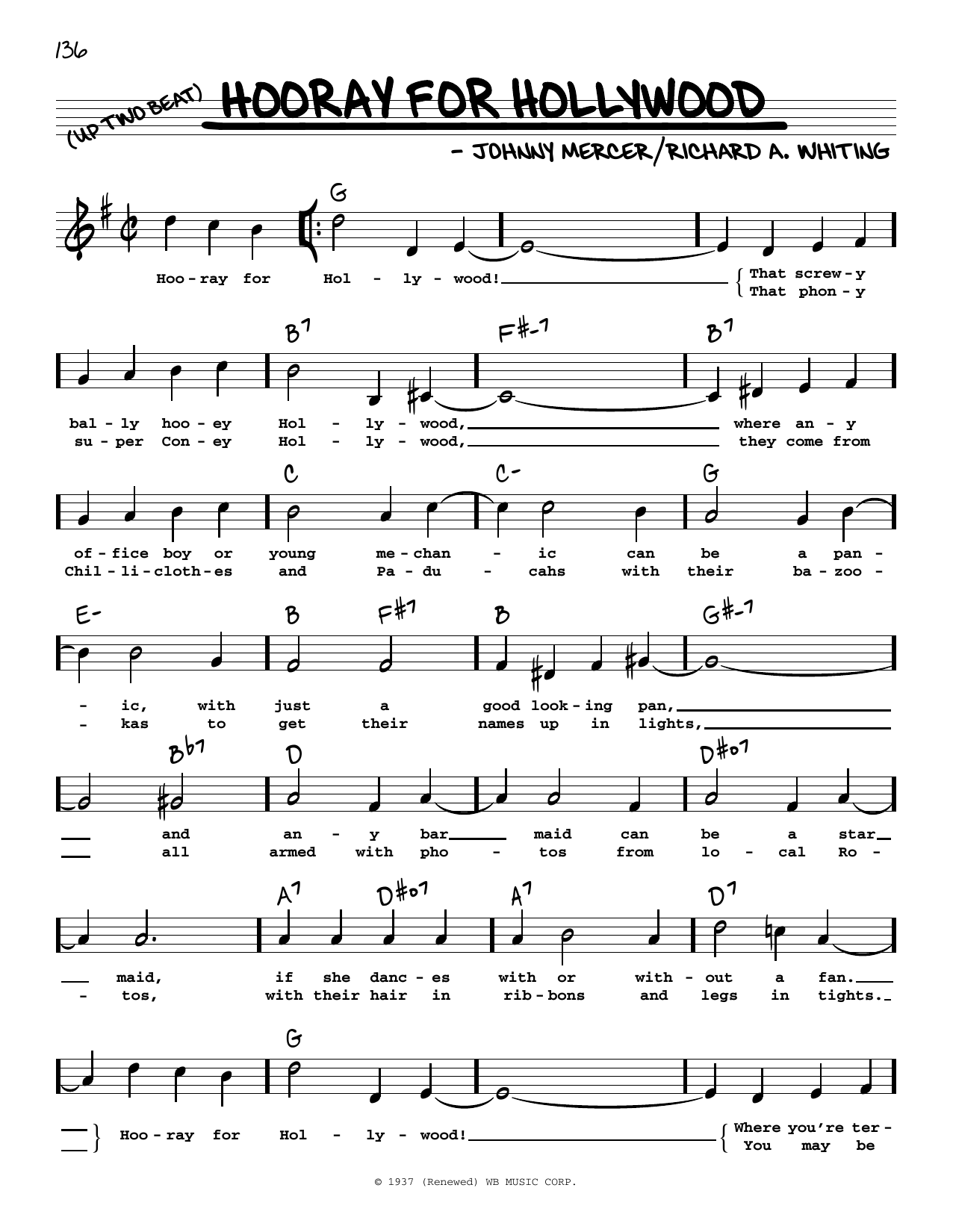 Johnny Mercer Hooray For Hollywood (High Voice) sheet music, chords, lyrics - Printable PDF for Real Book – Melody, Lyrics & Chords