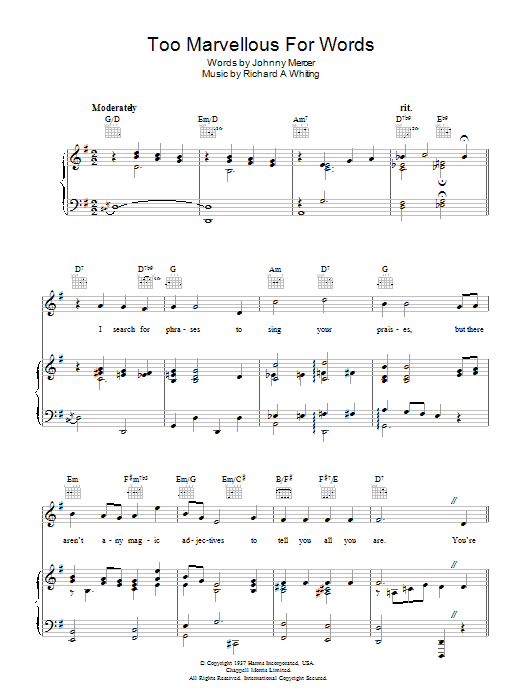 Johnny Mercer Too Marvellous For Words sheet music, chords, lyrics - Printable PDF for Piano, Vocal & Guitar (Right-Hand Melody)