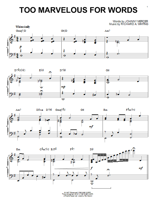 Johnny Mercer Too Marvelous For Words sheet music, chords, lyrics - Printable PDF for Piano