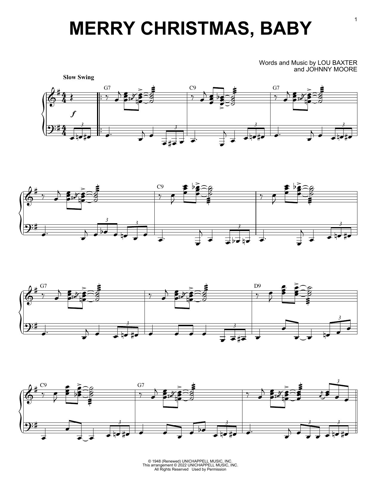 Johnny Moore Merry Christmas, Baby (arr. Brent Edstrom) sheet music, chords, lyrics - Printable PDF for Piano Solo