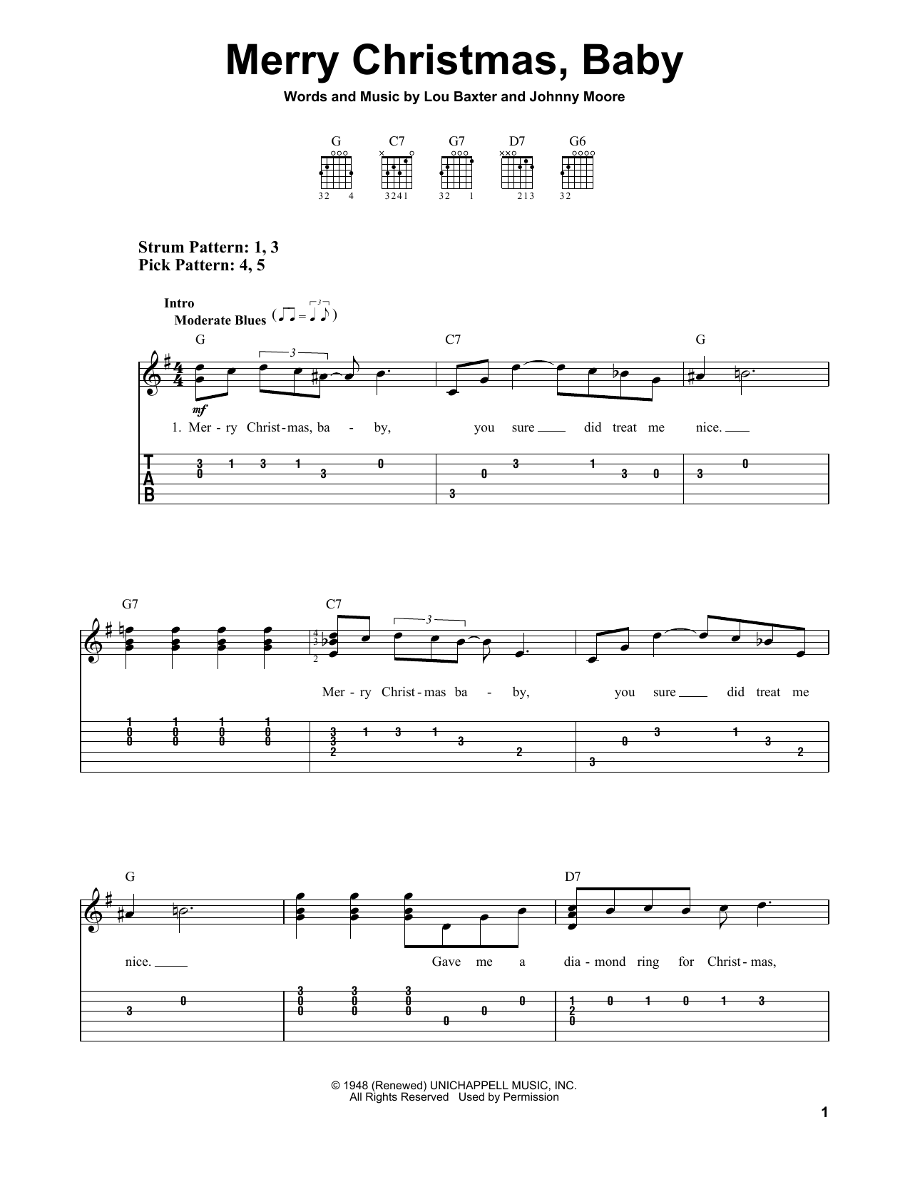 Johnny Moore Merry Christmas, Baby sheet music, chords, lyrics - Printable PDF for Easy Guitar Tab