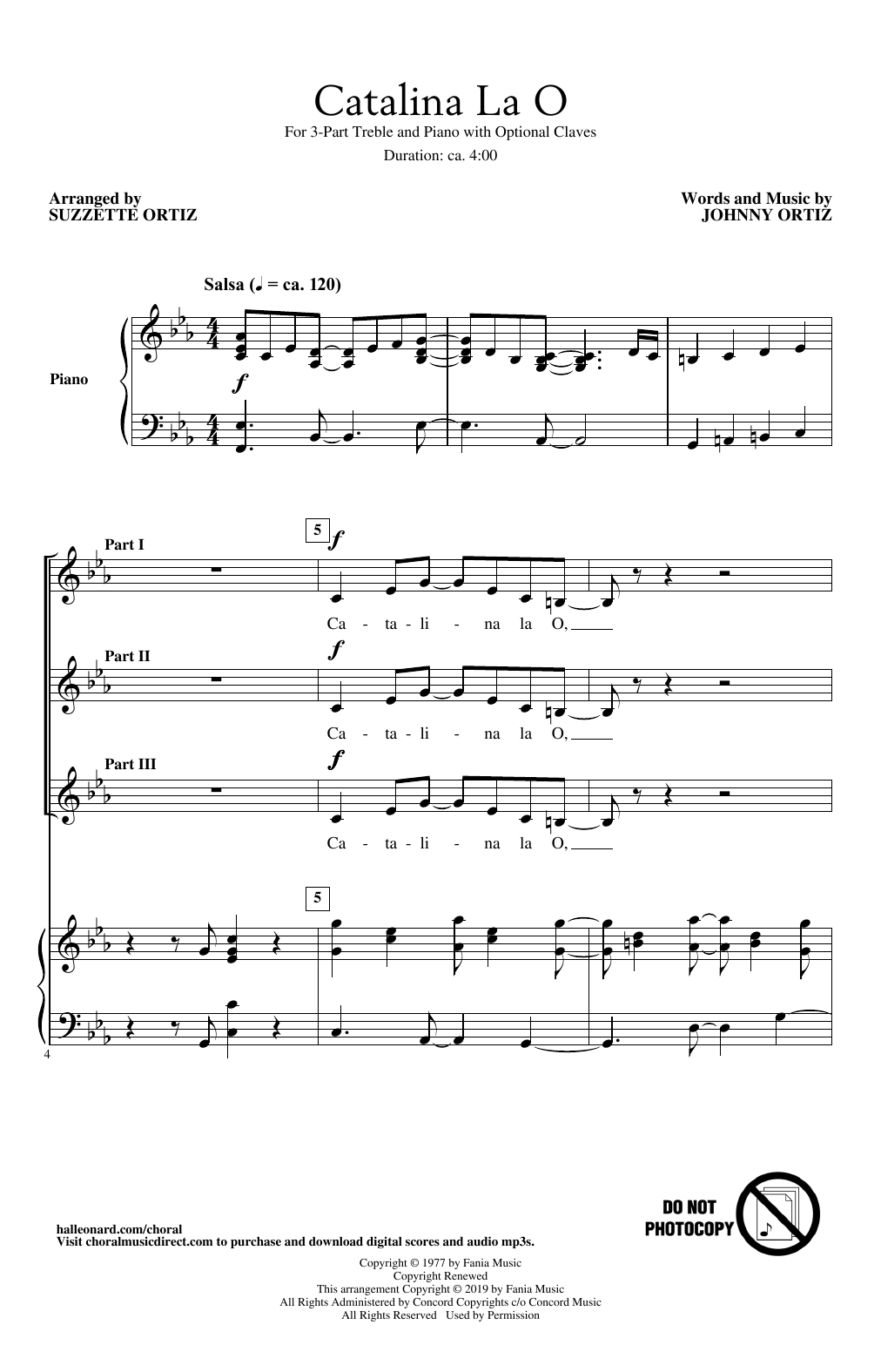 Johnny Ortiz Catalina La O (arr. Suzzette Ortiz) sheet music, chords, lyrics - Printable PDF for 3-Part Treble Choir