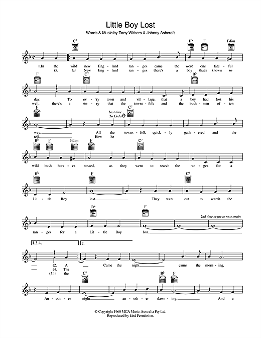 Learn to play Johnny Ashcroft Little Boy Lost sheet music for Melody Line, Lyrics & Chords in minutes. Johnny Ashcroft Little Boy Lost sheet music preview music notes and score for Melody Line, Lyrics & Chords including 2 page(s)